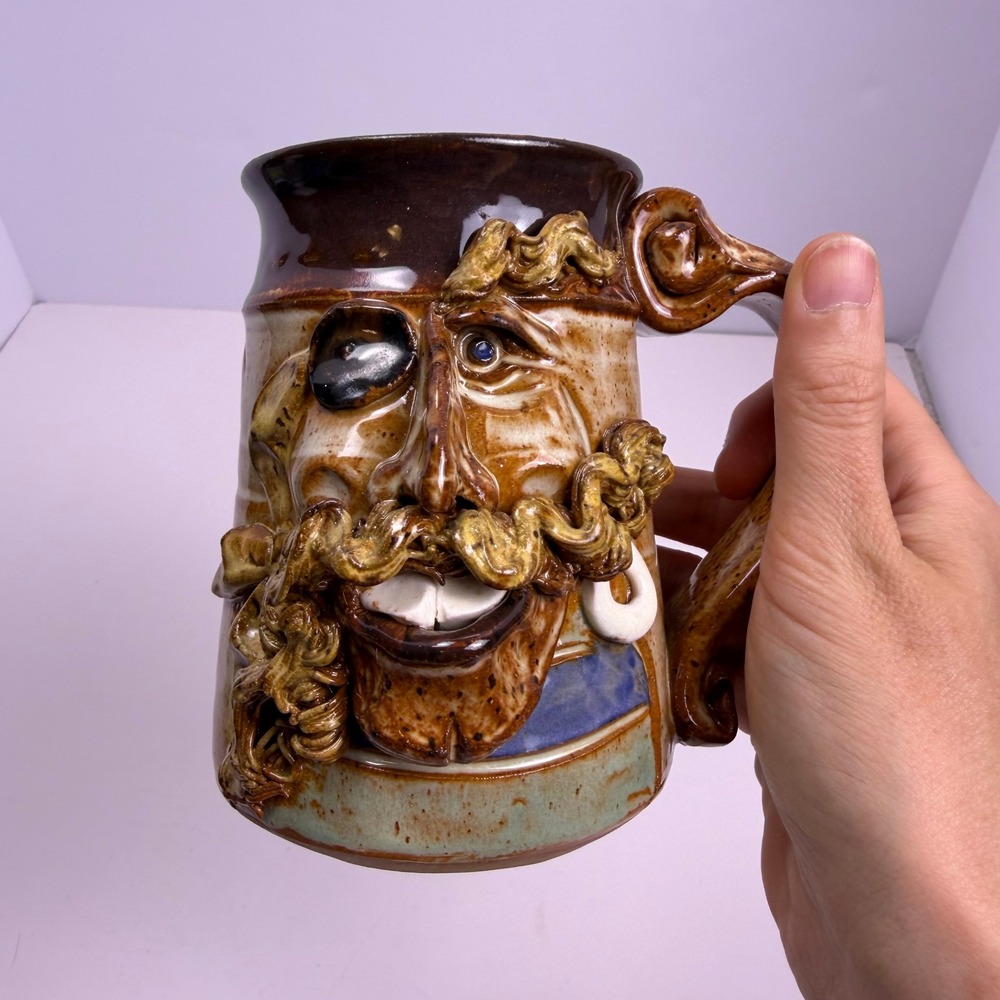J. Coiner Studio Pottery Pirate Face Mug Vintage 80s Nautical Folk Art Ceramic